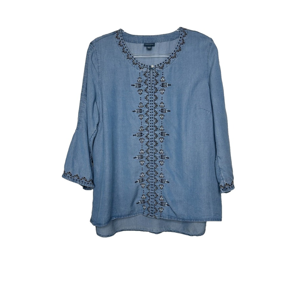 J Jill Denim Chambray Tunic Top Size M Blue Embroidered Bell Sleeve Boho